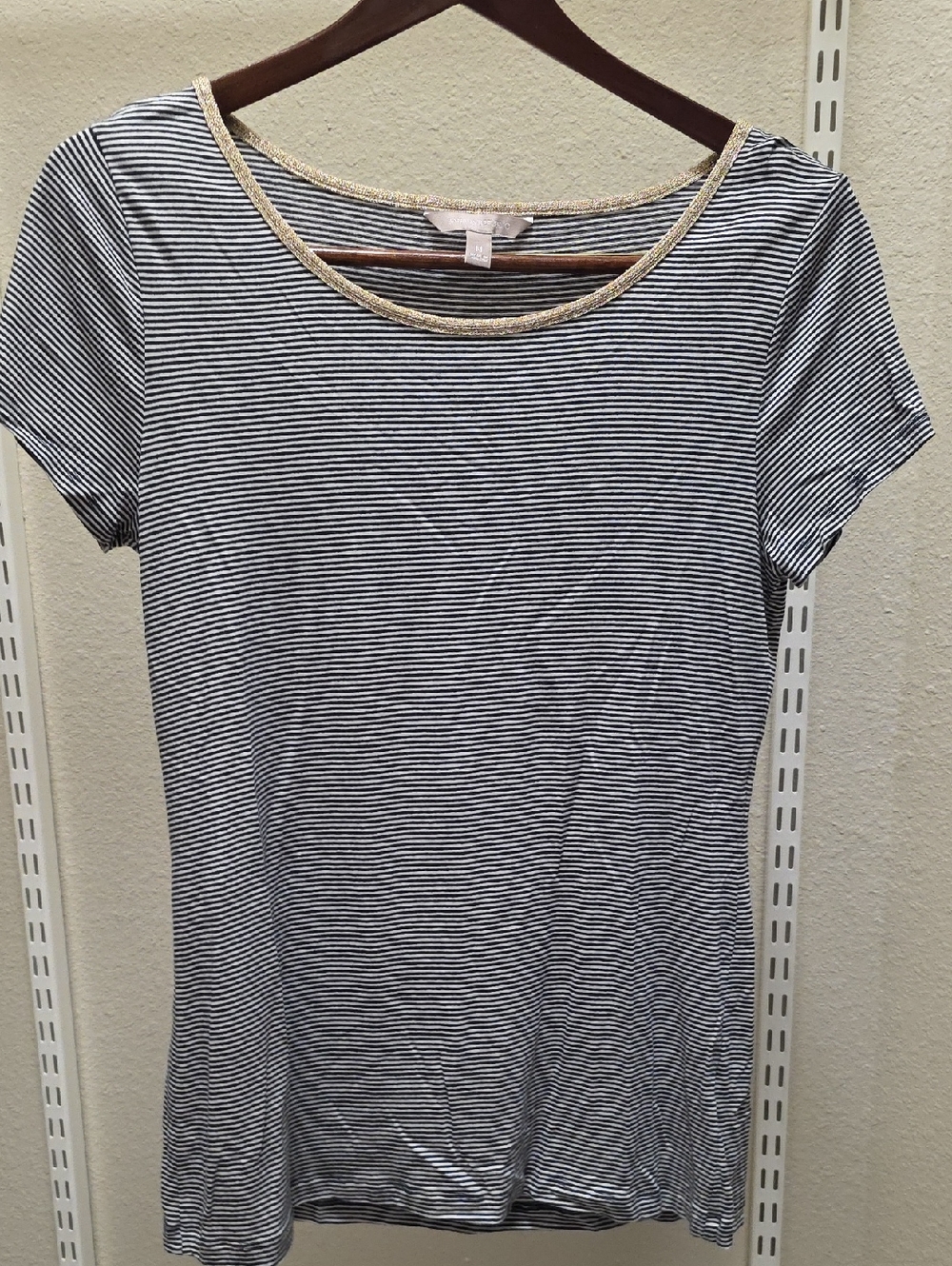 Banana Republic Navy & White Striped Short-Sleeve Top with Gold Trim